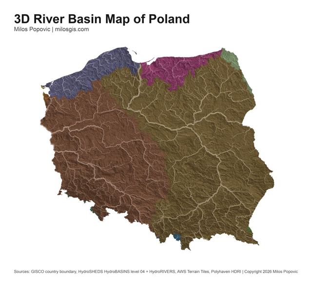 3D river basin map of Poland with watersheds and relief rendered together.